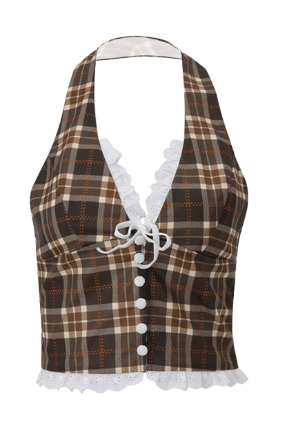 Plaid Pattern Lace Patchwork Deep V Neck Halter Crop Waistcoat-Brown-Hayhty.All Rights Reserved.