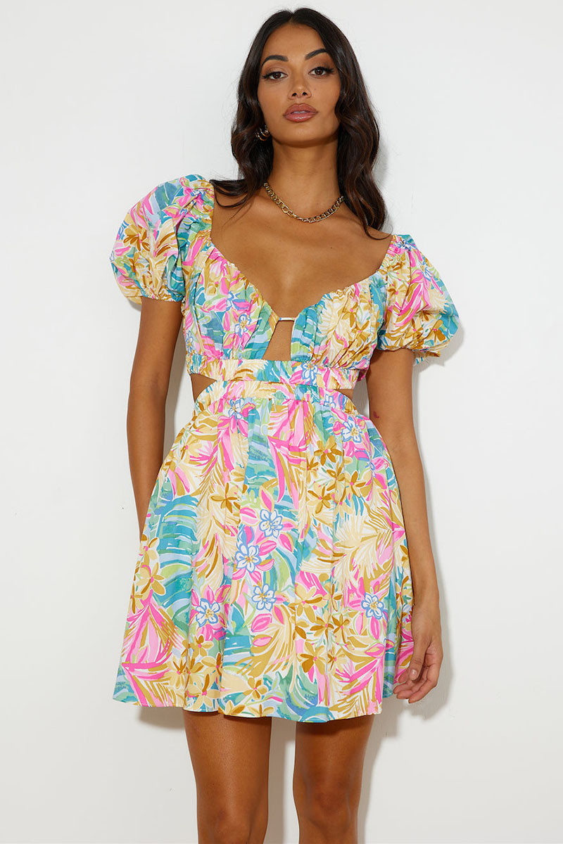 Multicolor Print Puff Sleeve V Neck Tie-Up Backless Mini Dresses-Hayhty.All Rights Reserved.