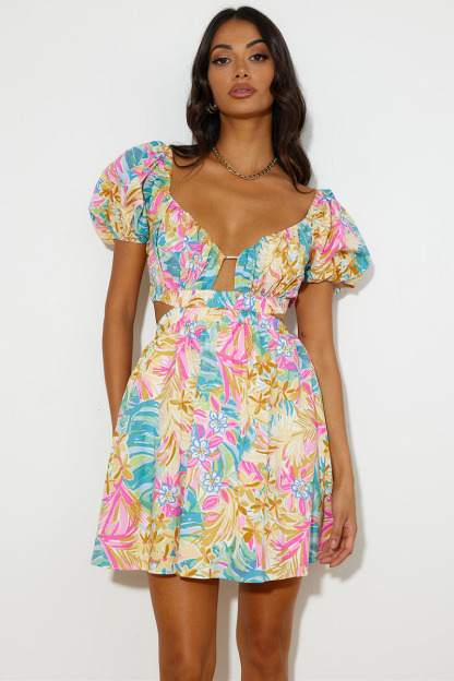 Multicolor Print Puff Sleeve V Neck Tie-Up Backless Mini Dresses-Hayhty.All Rights Reserved.