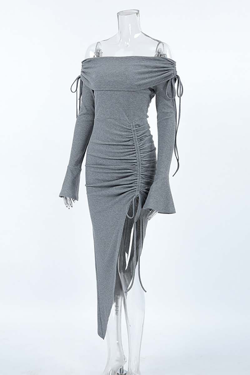 Off Shoulder Flare Sleeve Ruched Slit Knit Irregular Midi Dresses-Grey-Hayhty.All Rights Reserved.