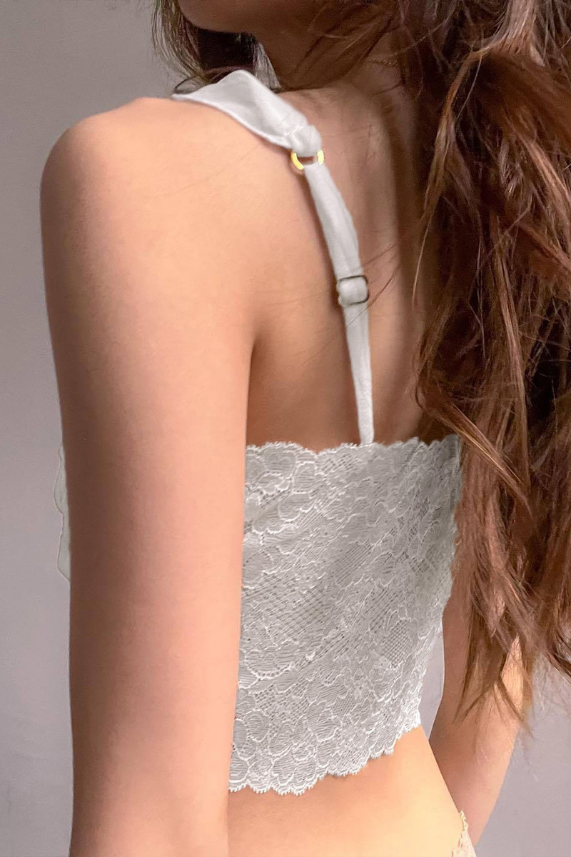 Mesh Lace Patchwork Tie Up Streamer Ruched Wide Straps Crop Top-White-Hayhty.All Rights Reserved.