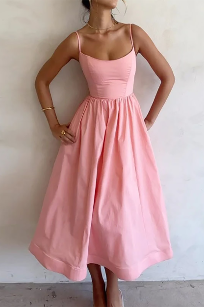 Solid Color U Neck Cinch Waist Spaghetti Strap Midi Dresses-Pink-Hayhty.All Rights Reserved.