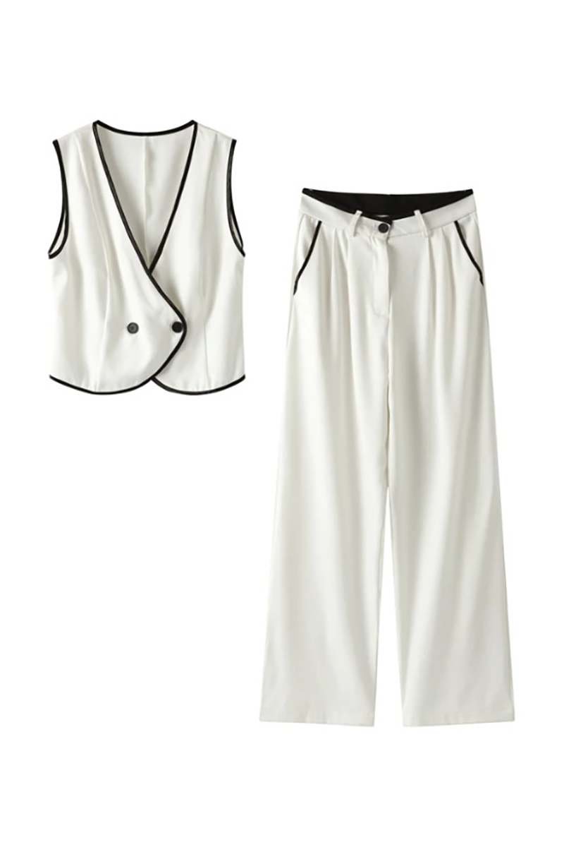 Contrast Binding Deep V Neck Vest Wide Leg Pants Matching Set-Beige-Hayhty.All Rights Reserved.