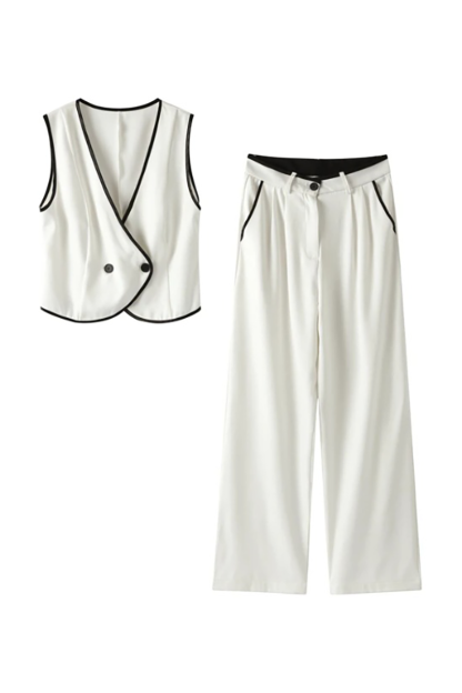 Contrast Binding Deep V Neck Vest Wide Leg Pants Matching Set-Beige-Hayhty.All Rights Reserved.