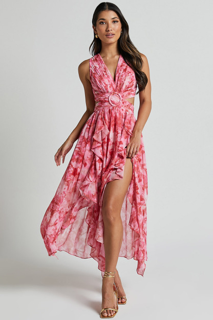 V Neck Ruched Cutout Ruffled Floral Print Slit Midi Dresses-Pink-Hayhty.All Rights Reserved.