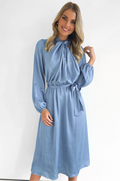 Ruched Knotted Long Sleeve Satin Midi Dresses-Hayhty.All Rights Reserved.