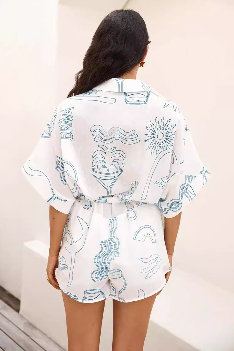 Vacation Doodle Print Half Sleeve Tie Belt Loose Fit Playsuit Romper-White-Hayhty.All Rights Reserved.