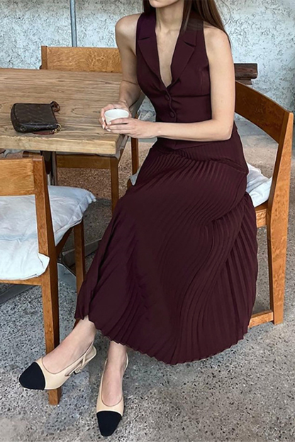 Deep V Neck Waistcoat Pleated Midi Skirt Matching Set-Burgundy-Hayhty.All Rights Reserved.