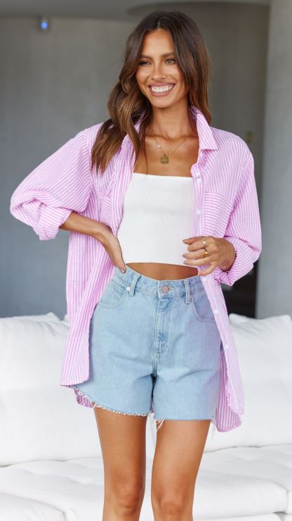 Relaxed Fit Button Up Shirt Set-Pink/Blue Stripe-Hayhty.All Rights Reserved.