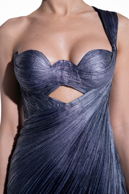 One Shoulder Lace Up Backless Pleated Slit Maxi Dresses-Navy-Hayhty.All Rights Reserved.