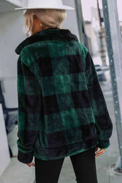 Faux Fur Plaid Turndown Collar Zipper Jacket-Hayhty.All Rights Reserved.