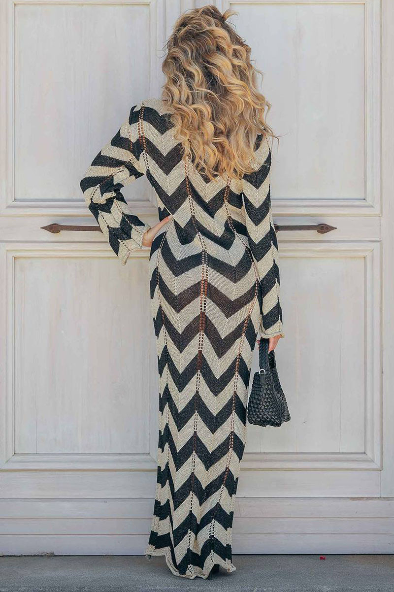 Colorblock Wavy Crochet Long Sleeve Vacation Cover-Up Maxi Dresses-Black-Hayhty.All Rights Reserved.