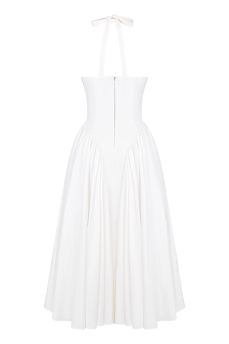 Deep V Neck Halter Cinch Waist Plain Midi Dresses-White-Hayhty.All Rights Reserved.