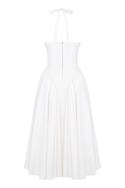 Deep V Neck Halter Cinch Waist Plain Midi Dresses-White-Hayhty.All Rights Reserved.