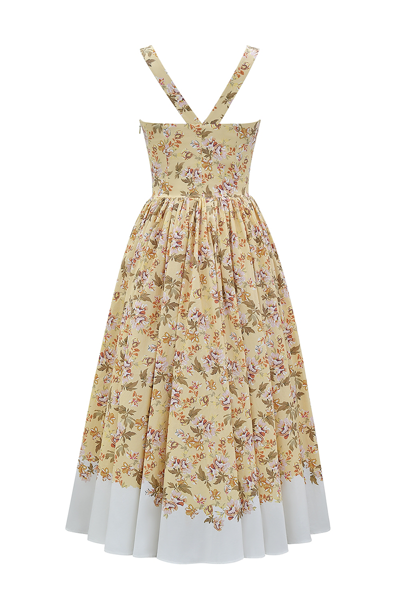 Floral Print Cinch Waist Wide Straps Bouffant Midi Dresses-Yellow-Hayhty.All Rights Reserved.