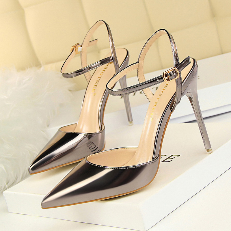 Burnished Plain Pointy Toe Ankle Strap Buckle Stiletto Heels-Hayhty.All Rights Reserved.