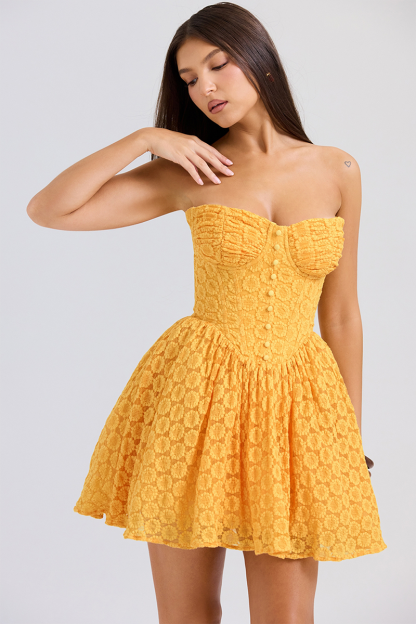 Daisy Pattern Lace Cinch Waist Slip Mini Dresses-Yellow-Hayhty.All Rights Reserved.