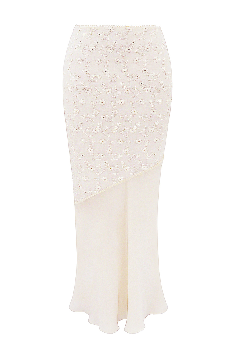Floral Embroidery Ruffled Top Bodycon Maxi Skirt Matching Set-Ivory-Hayhty.All Rights Reserved.