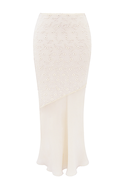 Floral Embroidery Ruffled Top Bodycon Maxi Skirt Matching Set-Ivory-Hayhty.All Rights Reserved.