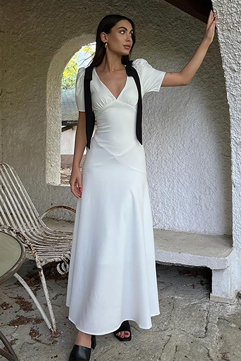 Colorblock Bow Juliet Sleeve Deep V Neck Cinch Waist Maxi Dresses-White-Hayhty.All Rights Reserved.