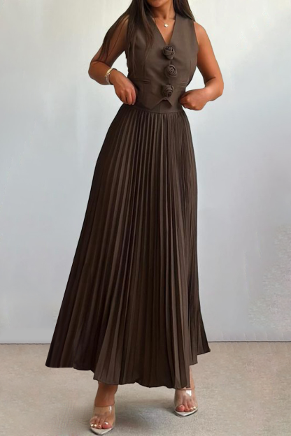 3D Flower Decor V Neck Vest Pleated Maxi Skirt Matching Set-White-Hayhty.All Rights Reserved.