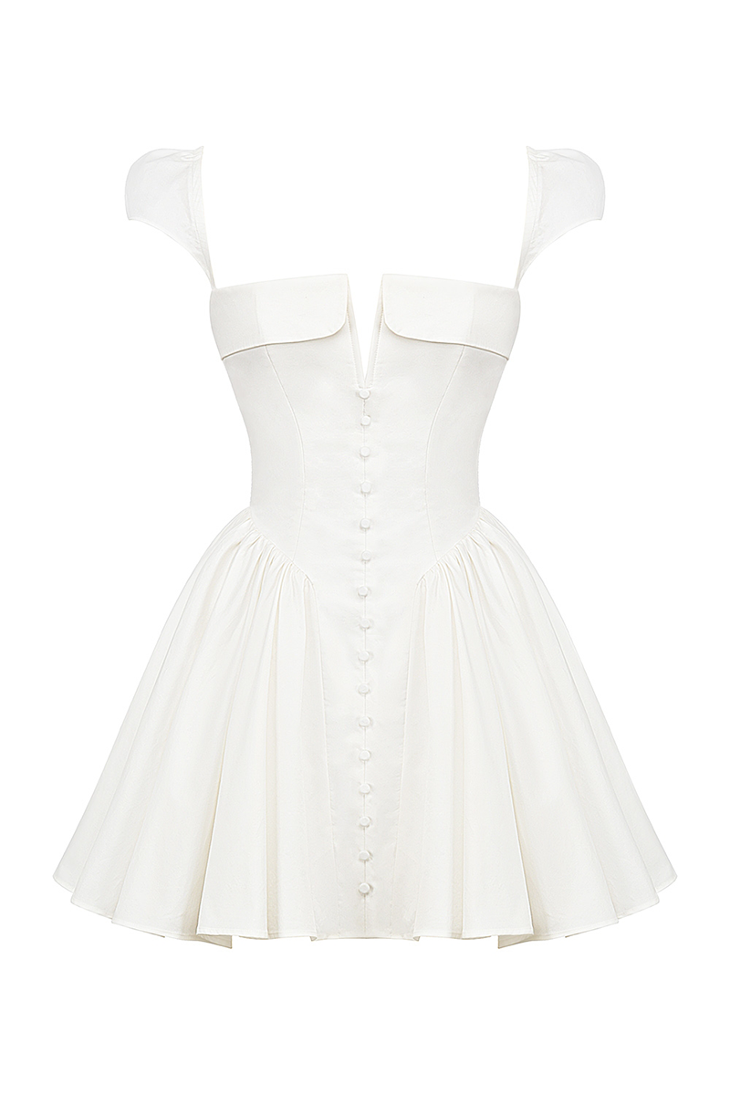 Irregular V Neck Short Sleeve Corset Pleated Mini Dresses-White-Hayhty.All Rights Reserved.