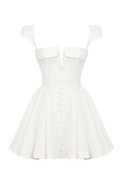 Irregular V Neck Short Sleeve Corset Pleated Mini Dresses-White-Hayhty.All Rights Reserved.