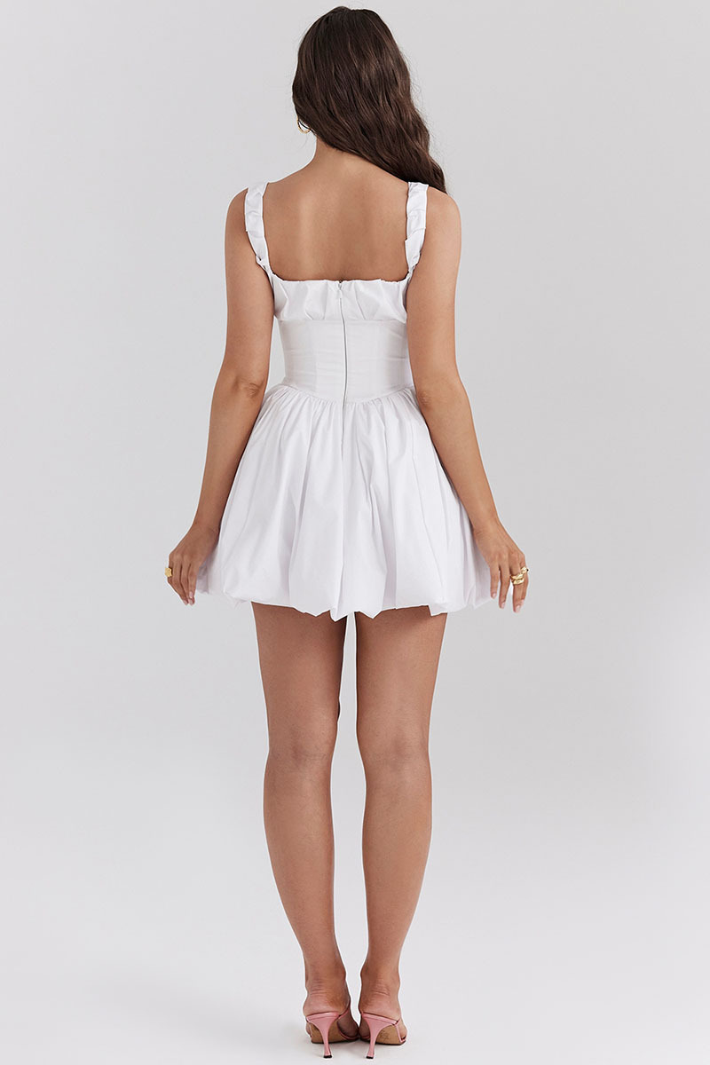 Square Neck Ruched Cinch Waist Bubble Hem Mini Dresses-White-Hayhty.All Rights Reserved.
