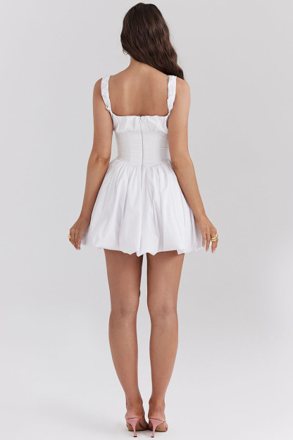 Square Neck Ruched Cinch Waist Bubble Hem Mini Dresses-White-Hayhty.All Rights Reserved.