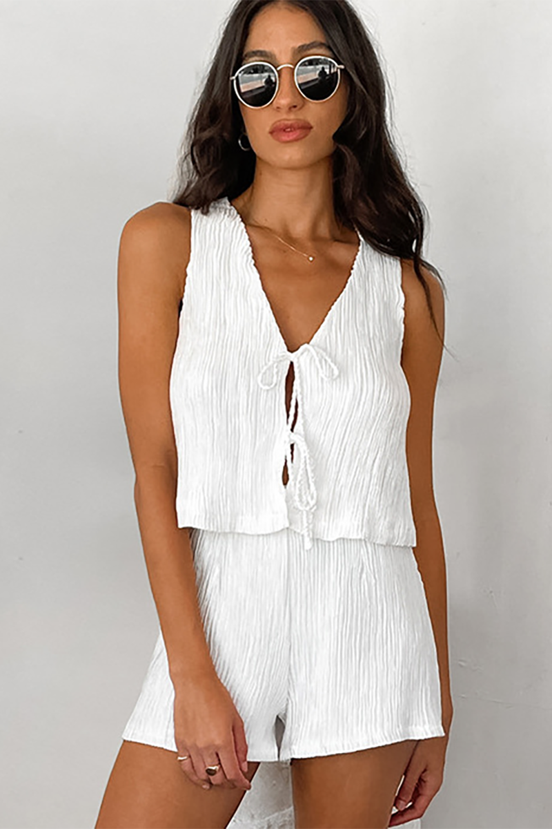V Neck Tie Up Crop Tank Top Textured Shorts Matching Set-White-Hayhty.All Rights Reserved.