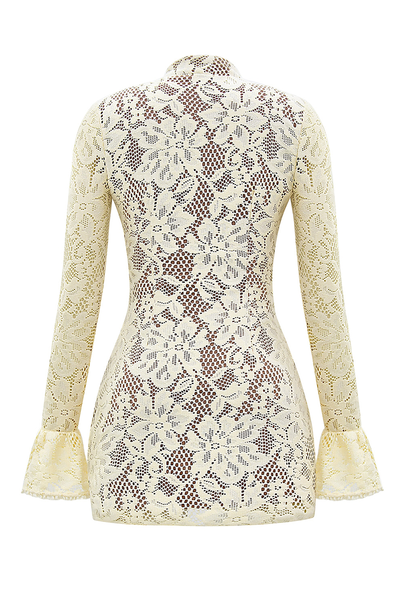 Mandarin Collar Cutout Flare Sleeve Floral Lace Mini Dresses-Ivory-Hayhty.All Rights Reserved.