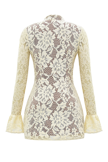 Mandarin Collar Cutout Flare Sleeve Floral Lace Mini Dresses-Ivory-Hayhty.All Rights Reserved.