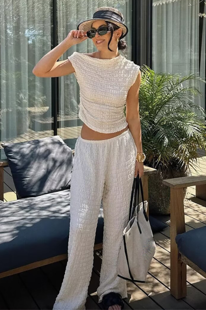 Skew Neck Asymmetric Top Wide Leg Textured Pants Matching Set-Beige-Hayhty.All Rights Reserved.