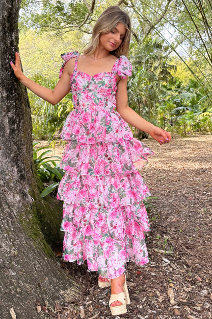Floral Print Tie Up Cami Tiered Ruffled Hem Midi Dresses-Pink-Hayhty.All Rights Reserved.