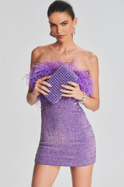 Sequin Strapless Feather Trim Bodycon Mini Party Dresses-Hayhty.All Rights Reserved.