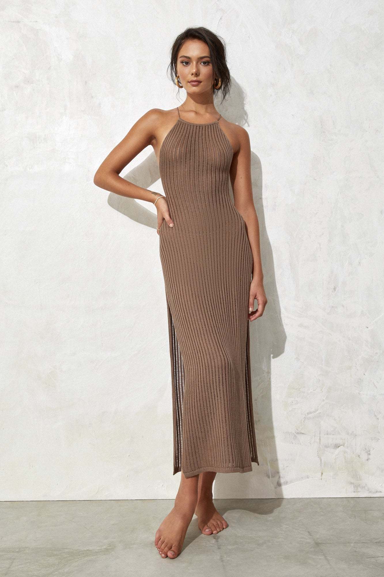 Ribbed Knit Open Back High Slit Maxi Dresses-Hayhty.All Rights Reserved.