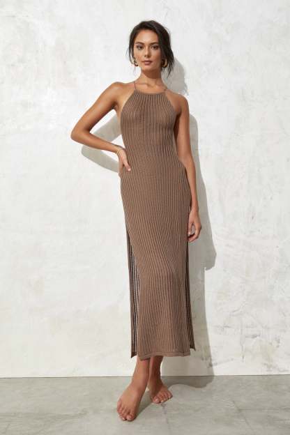 Ribbed Knit Open Back High Slit Maxi Dresses-Hayhty.All Rights Reserved.