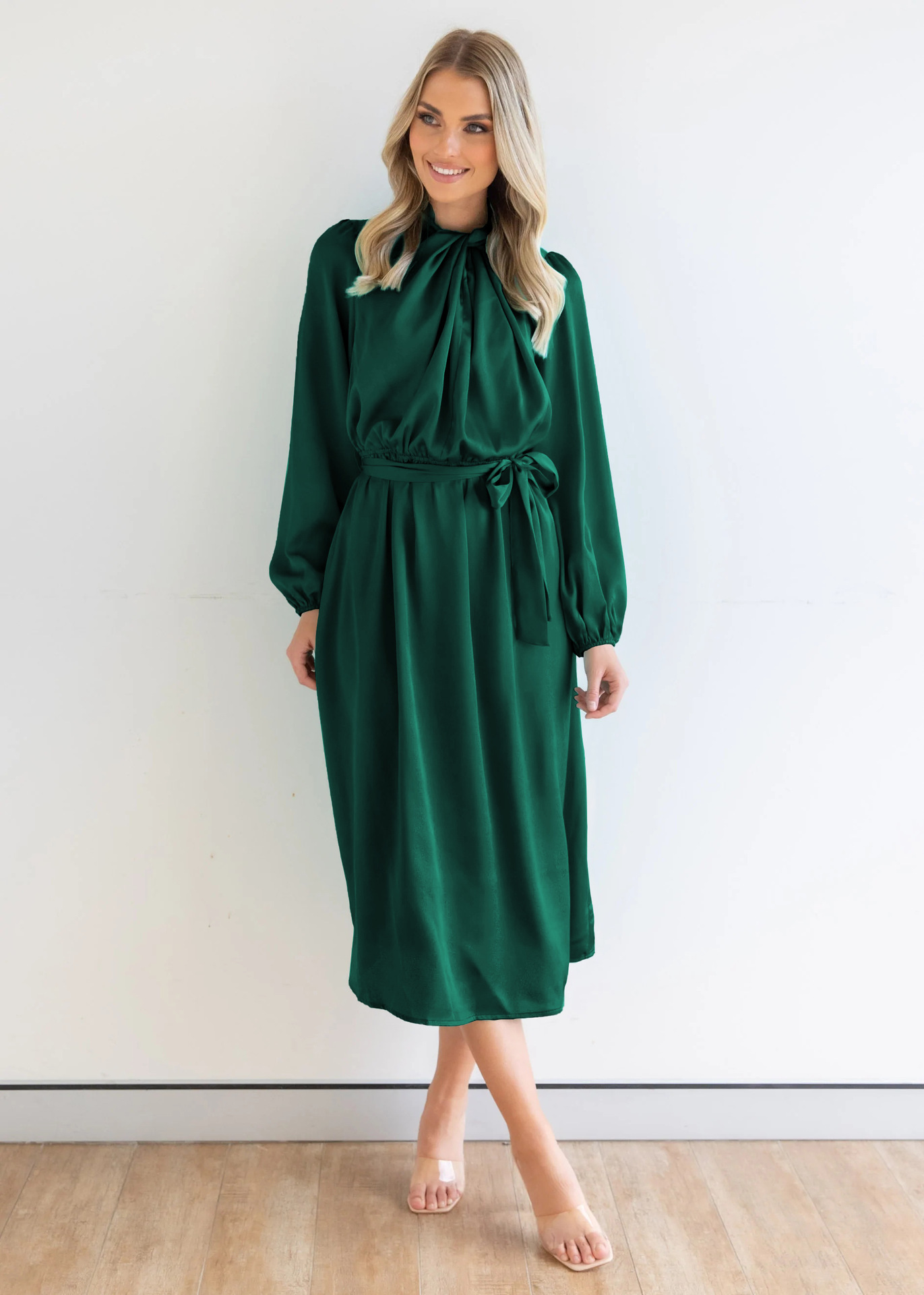 Ruched Knotted Long Sleeve Satin Midi Dresses-Hayhty.All Rights Reserved.