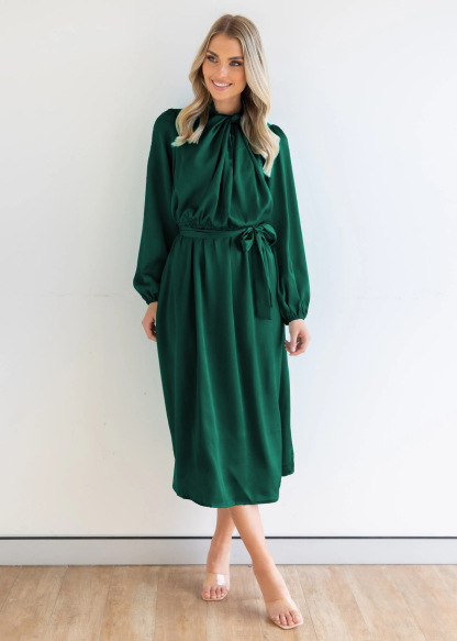 Ruched Knotted Long Sleeve Satin Midi Dresses-Hayhty.All Rights Reserved.