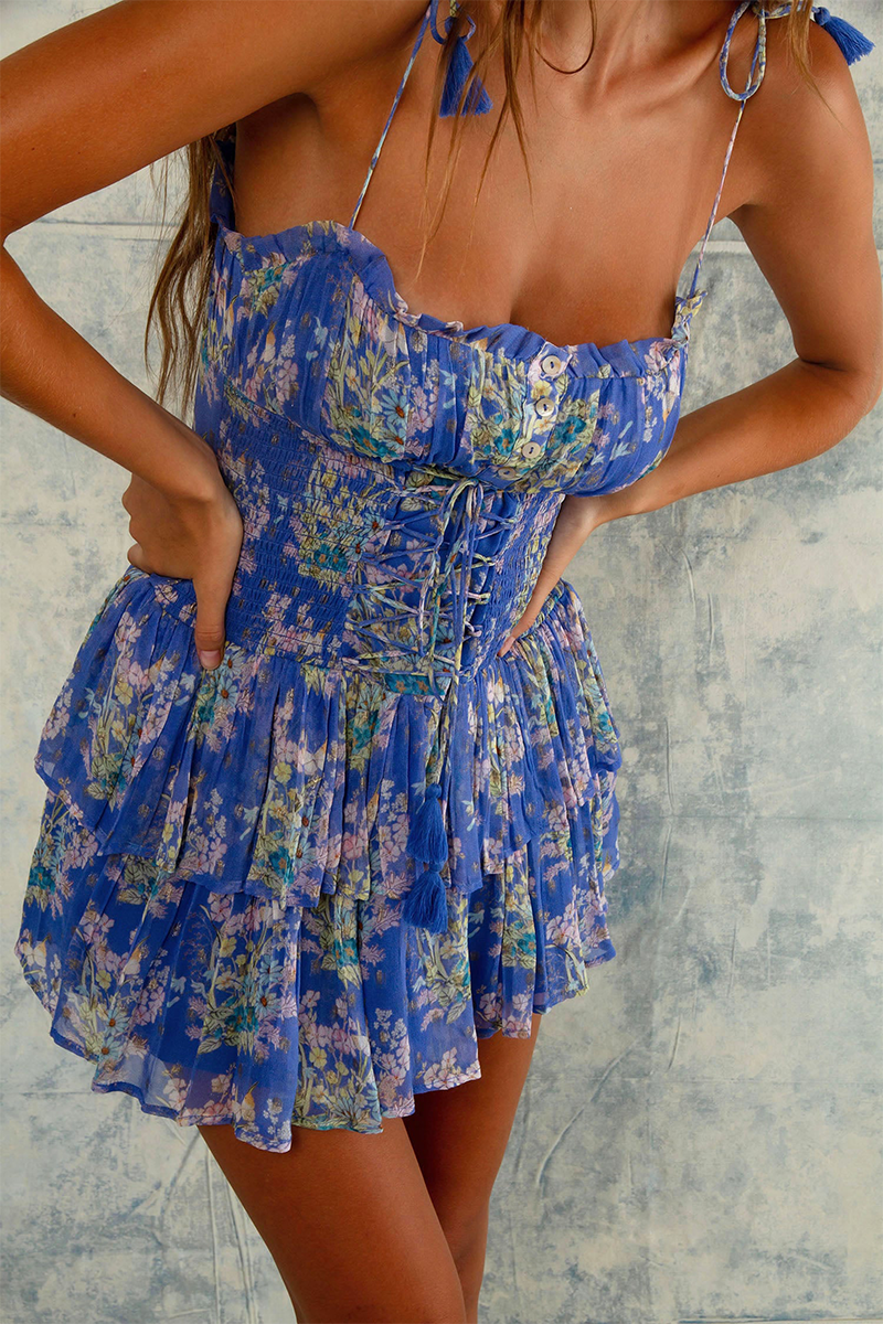 Floral Print Spaghetti Strap Slim Fit Tiered Ruffled Mini Dresses-Blue-Hayhty.All Rights Reserved.