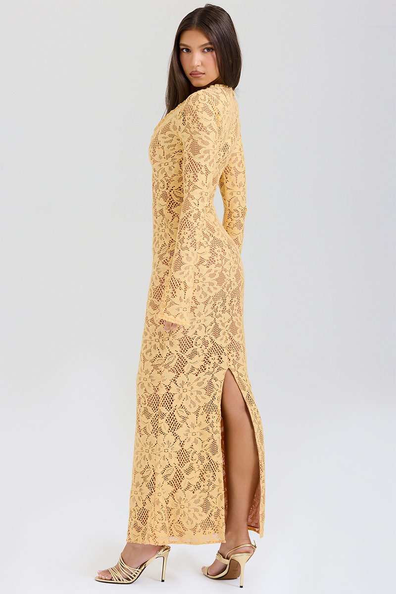 Floral Lace Deep V Neck Long Sleeve Slit Hem Maxi Dresses-Yellow-Hayhty.All Rights Reserved.