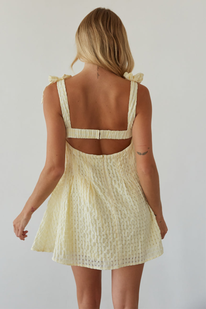 Bow Straps Open Back Plaid Pattern Textured Mini Dresses-Yellow-Hayhty.All Rights Reserved.