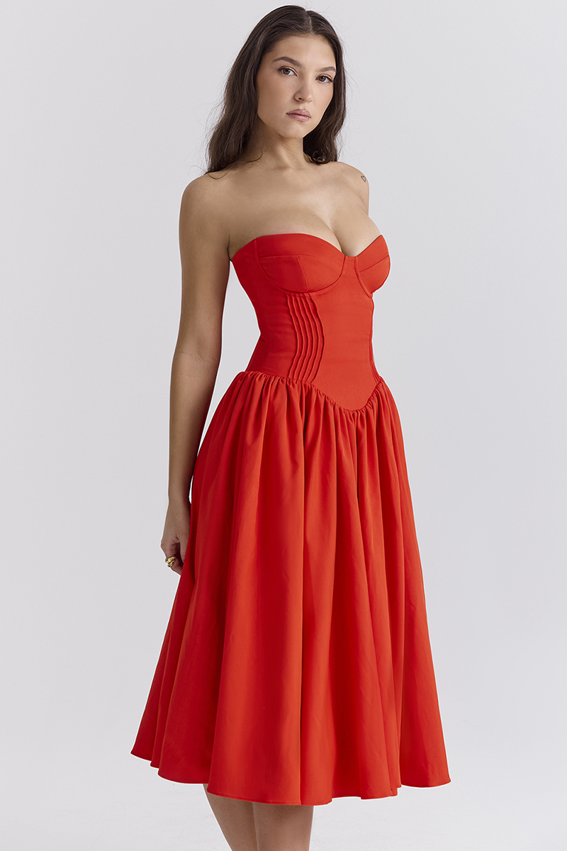 Strapless Corset Pleated Hem Prom Party Midi Dresses-Red-Hayhty.All Rights Reserved.