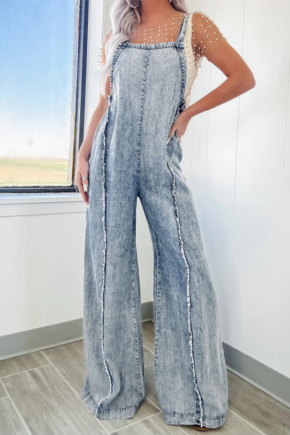 Denim Raw Edge Wide Leg Overalls-Blue-Hayhty.All Rights Reserved.