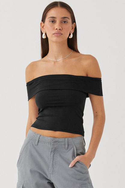 Boat Neck Dropped Shoulder Solid Color Slim Fit Crop Top-White-Hayhty.All Rights Reserved.