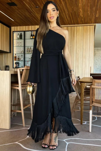 One Shoulder Bell Sleeve Tie Belt A-Line Fringed Hemline Maxi Dresses-Orange-Hayhty.All Rights Reserved.