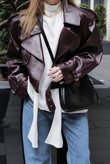 Notch Collar Long Sleeve PU Leather Crop Jacket-Burgundy-Hayhty.All Rights Reserved.