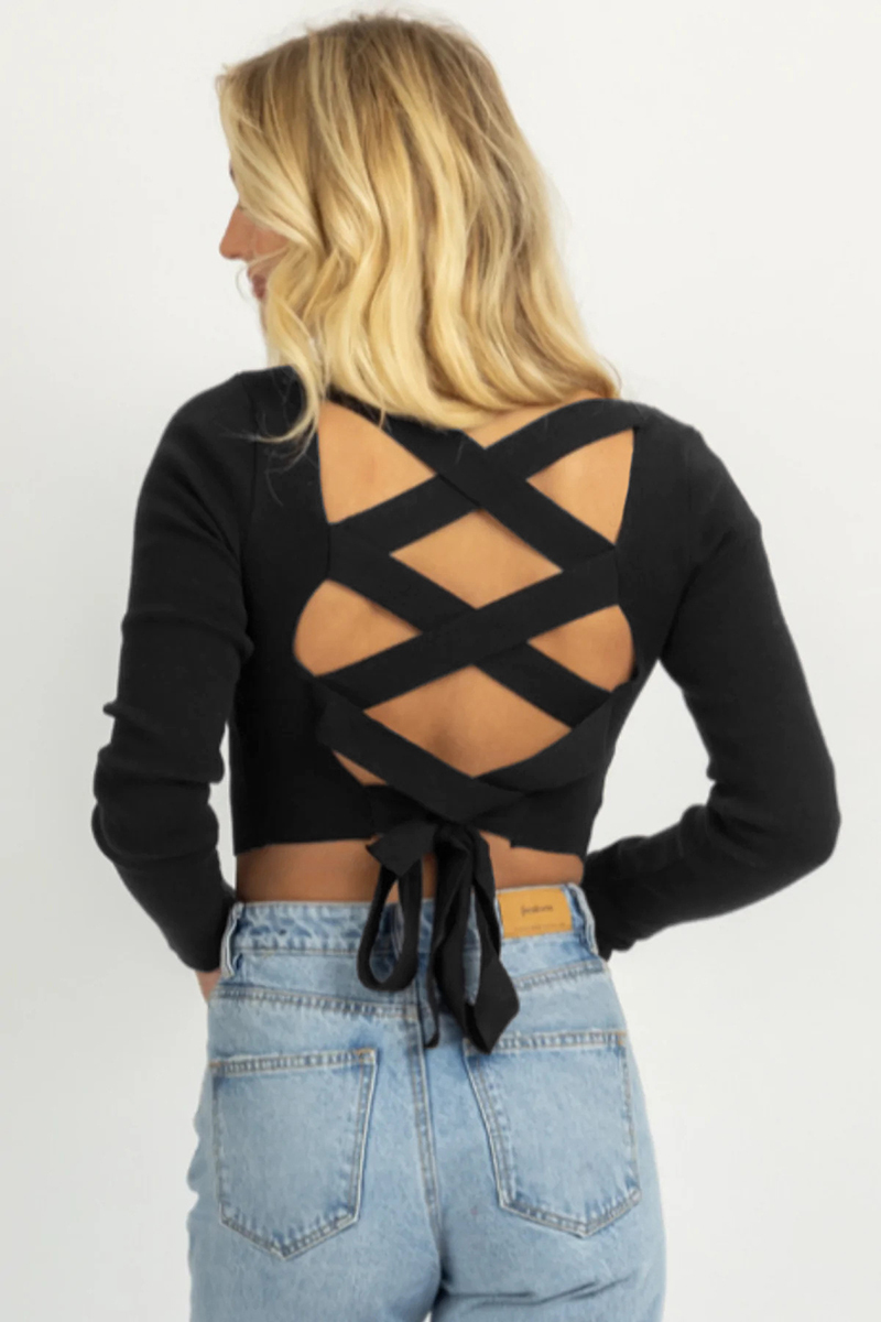 Square Neck Back Lace Up Tied Slim Top-Hayhty.All Rights Reserved.