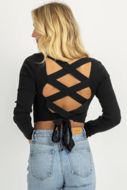 Square Neck Back Lace Up Tied Slim Top-Hayhty.All Rights Reserved.