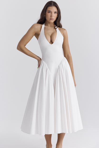 Deep V Neck Halter Cinch Waist Plain Midi Dresses-White-Hayhty.All Rights Reserved.